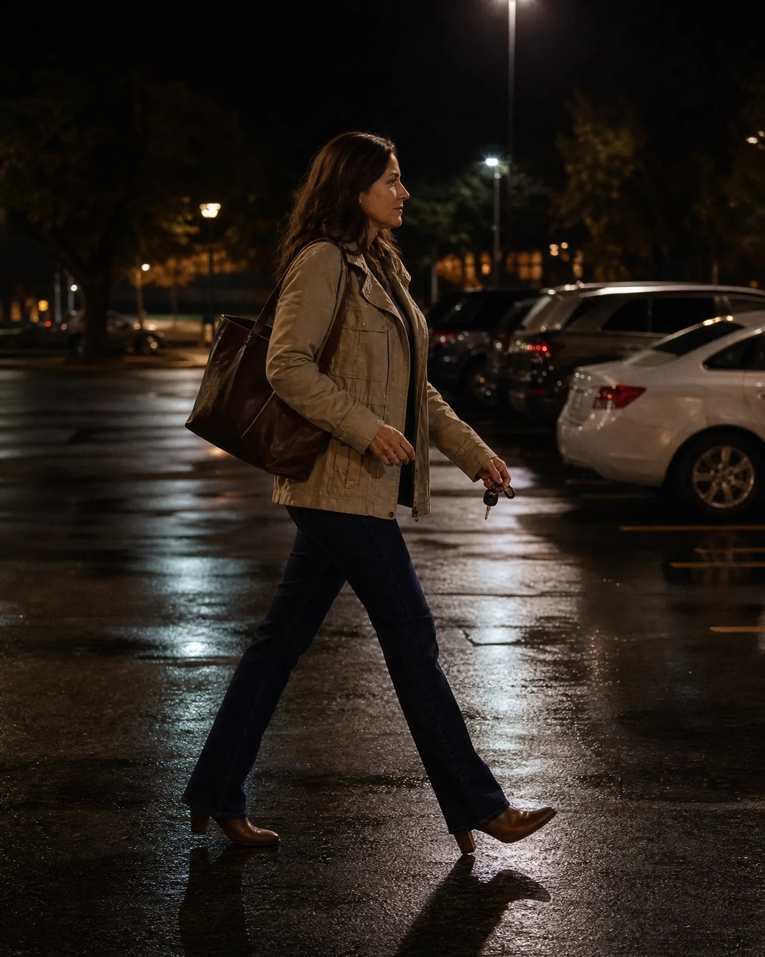 A woman in a tan jacket and dark jeans walks across a wet parking lot at night, carrying a brown leather tote and keys, with parked cars and lit street lamps behind her.